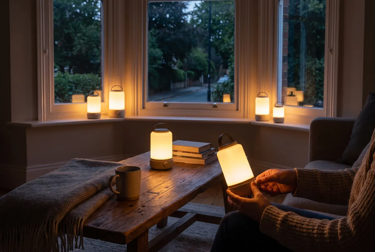 Wohnzimmer bei Stromausfall in der Dämmerung, beleuchtet von mehreren warm leuchtenden LED-Laternen auf Tisch und Fensterbank.