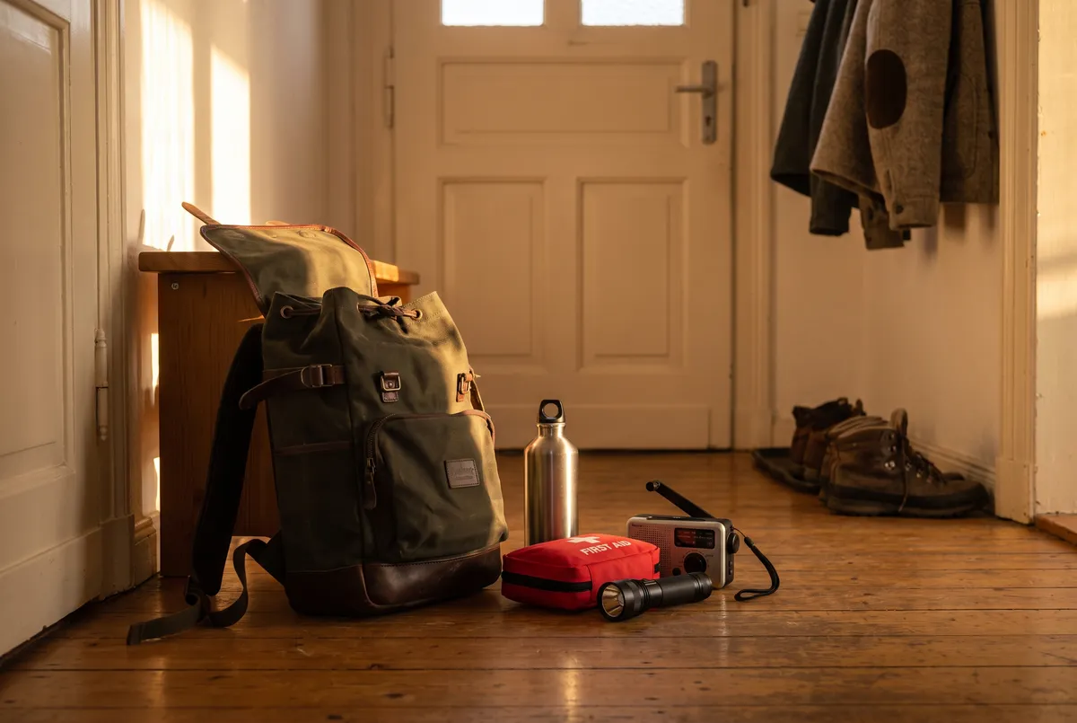 Gepackter Notfallrucksack im Hausflur, daneben Trinkflasche, Erste-Hilfe-Tasche, Kurbelradio und Taschenlampe.
