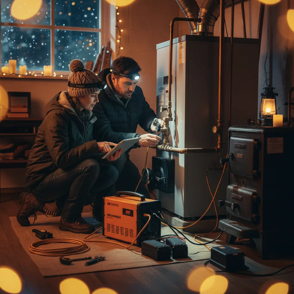 Visualisierung einer Notstromlösung für Gas- und Ölheizungen während eines Stromausfalls, um Wärme zu sichern.