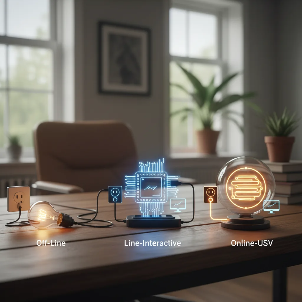 Ein Vergleich der Off-Line, Line-Interactive und Online USV Technologien für das Home Office.