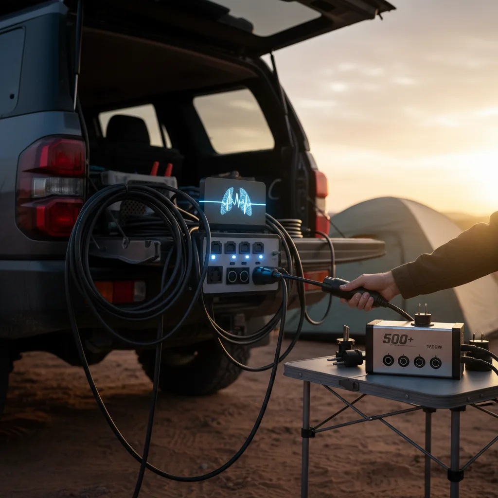 Eine Powerstation für CPAP-Geräte, die wichtige Kriterien wie Kapazität, Watt und Anschlüsse beim Kauf hervorhebt.