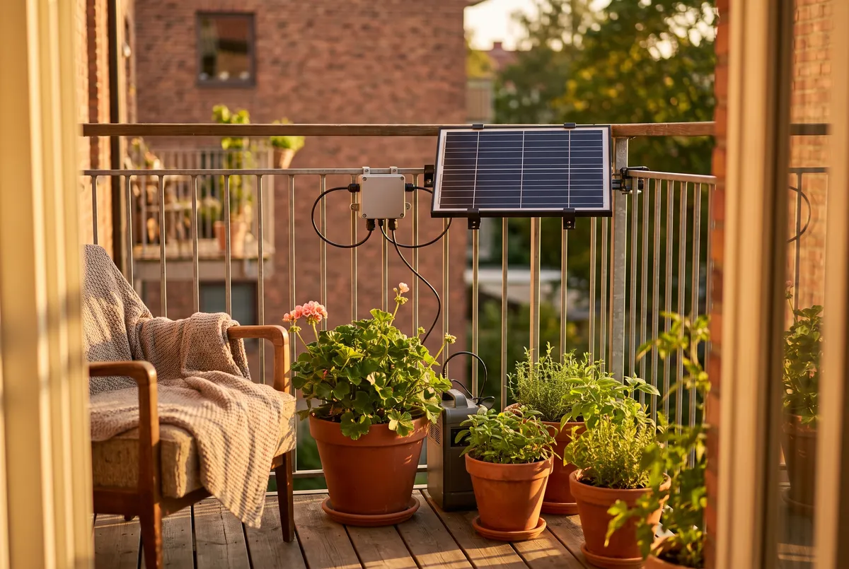 Solarmodul an einem Balkongeländer mit Kabeln zu einem kompakten Wechselrichter im warmen Nachmittagslicht.